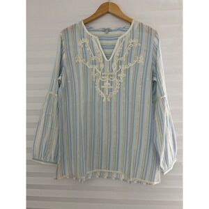 Novica Blue White Striped Gold Metallic Embroidered Cotton Tunic Top Large